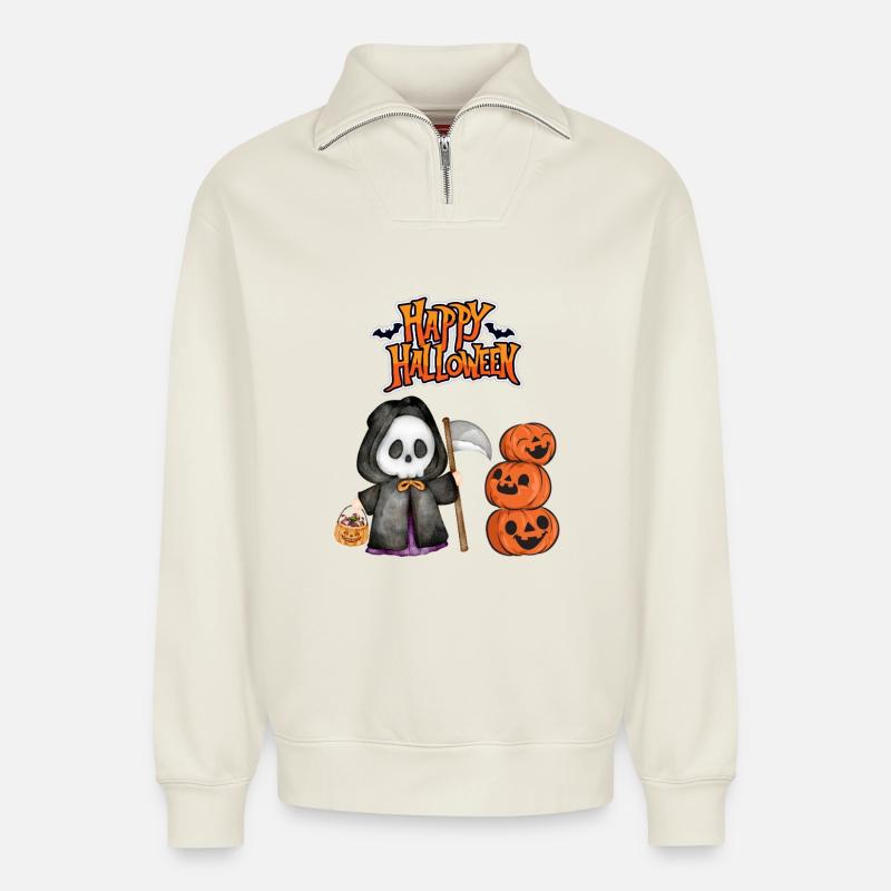 Frohes Halloween Sensenmann - Relaxed Unisex Organic Half Zip Sweatshirt – von SPREAD - Naturweiß