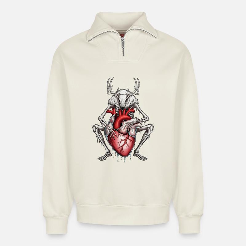 Anatomischer Hirsch mit blutendem Herz - Relaxed Unisex Organic Half Zip Sweatshirt – von SPREAD - Naturweiß