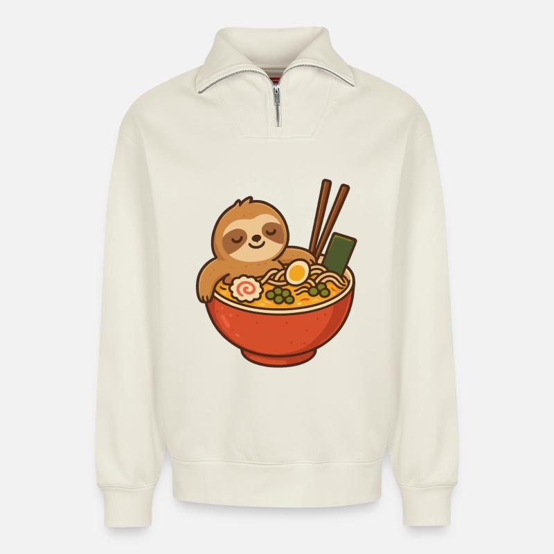 Faultier Ramen Kuscheldesign - Relaxed Unisex Organic Half Zip Sweatshirt – von SPREAD - Naturweiß