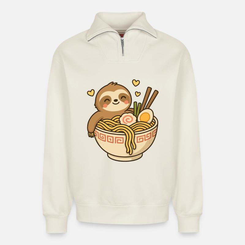 Faultier im RamenBecher - Relaxed Unisex Organic Half Zip Sweatshirt – von SPREAD - Naturweiß
