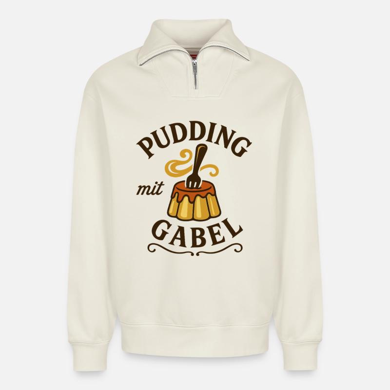 Pudding with fork - Relaxed Unisex Organic Half Zip Sweatshirt – by SPREAD - off white