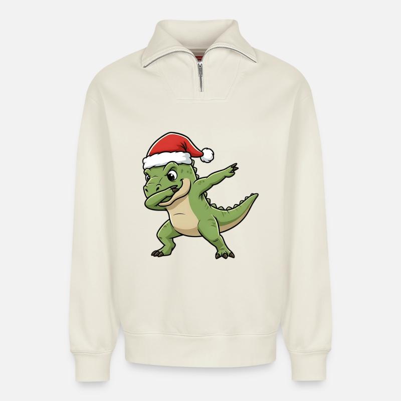 Weihnachts T-Rex Dab - Relaxed Unisex Organic Half Zip Sweatshirt – von SPREAD - Naturweiß