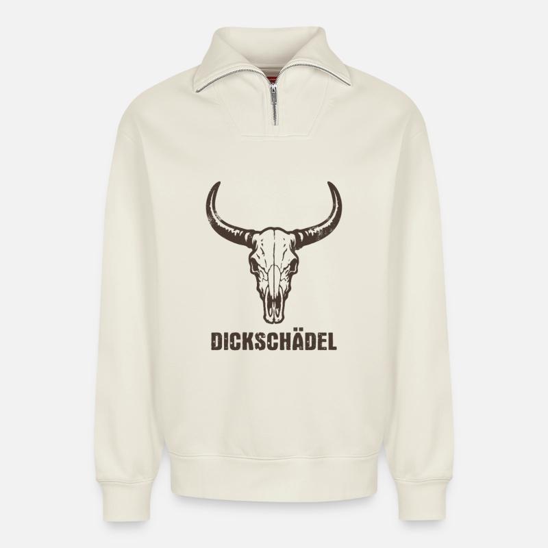 Stierkopf Schädel mit Hörnern - Dickschädel - Relaxed Unisex Organic Half Zip Sweatshirt – von SPREAD - Naturweiß