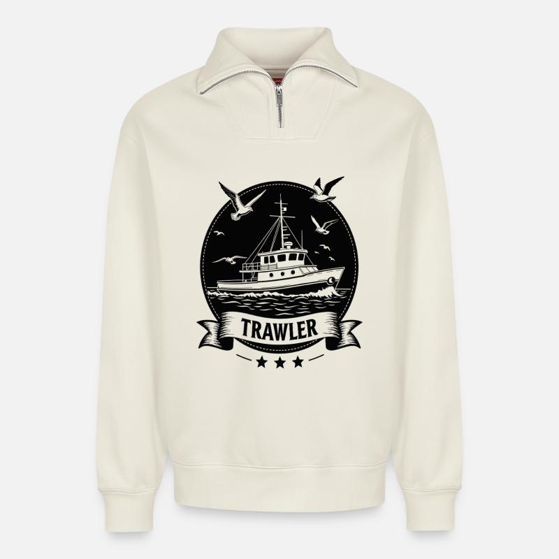 Trawler Nautik Seefahrt Silhouette - Relaxed Unisex Organic Half Zip Sweatshirt – von SPREAD - Naturweiß