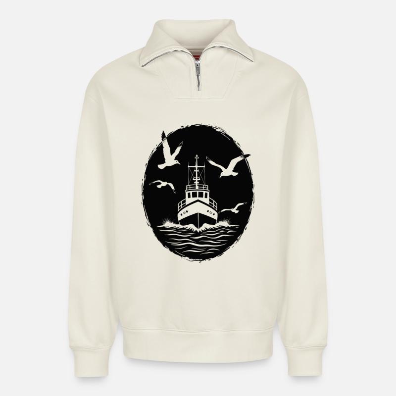 Fischkutter Trawler Fischer Meer - Relaxed Unisex Organic Half Zip Sweatshirt – von SPREAD - Naturweiß
