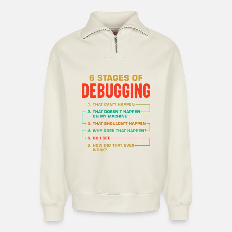 6 Stufen des Debuggings - Relaxed Unisex Organic Half Zip Sweatshirt – von SPREAD - Naturweiß