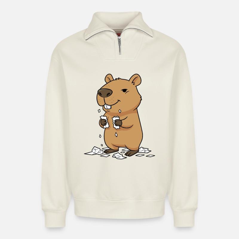 Capybara eats homework - Relaxed Unisex Organic Half Zip Sweatshirt – by SPREAD - off white