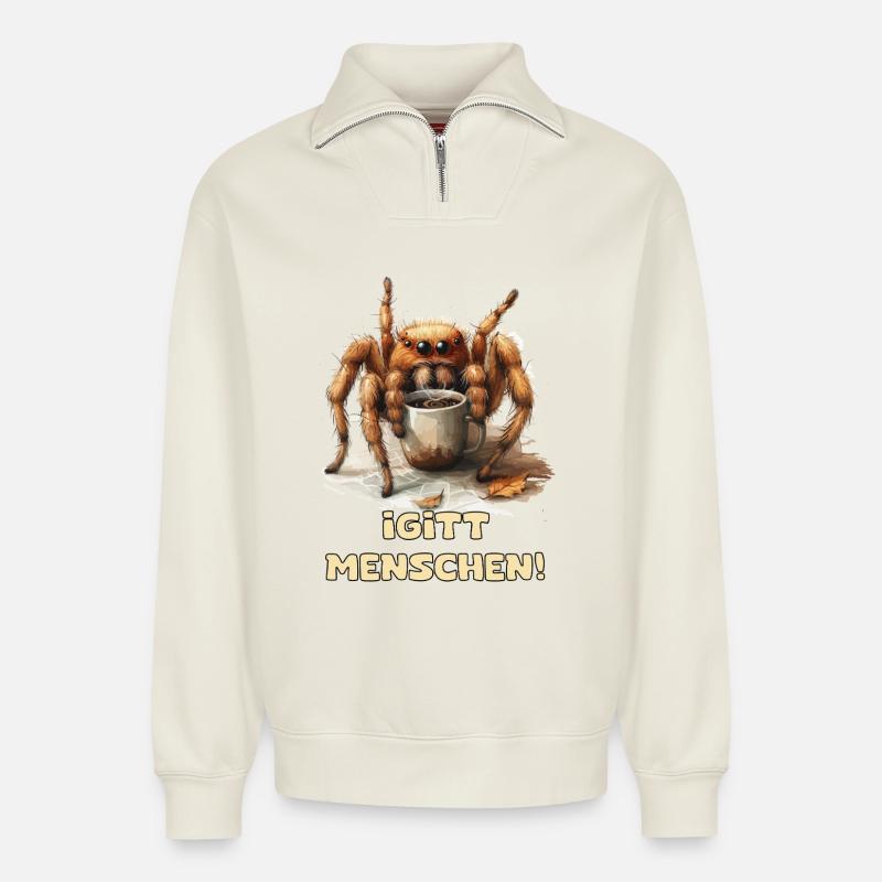 Kaffee Spinnenwitz - Relaxed Unisex Organic Half Zip Sweatshirt – von SPREAD - Naturweiß