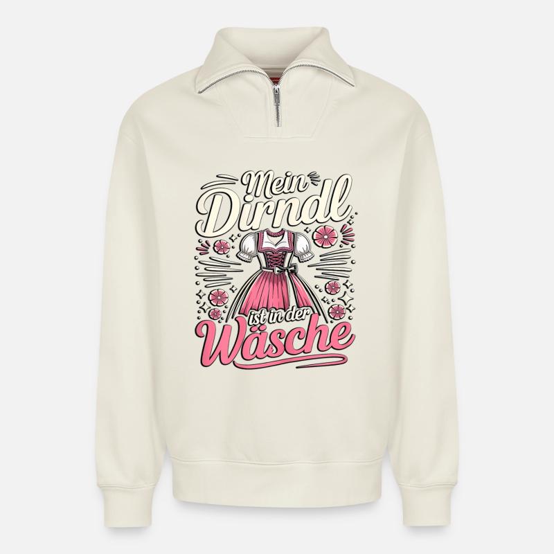 Mon dirndl est dans la buanderie - Sweat unisexe décontracté en coton biologique à demi-zip – de SPREAD - blanc cassé
