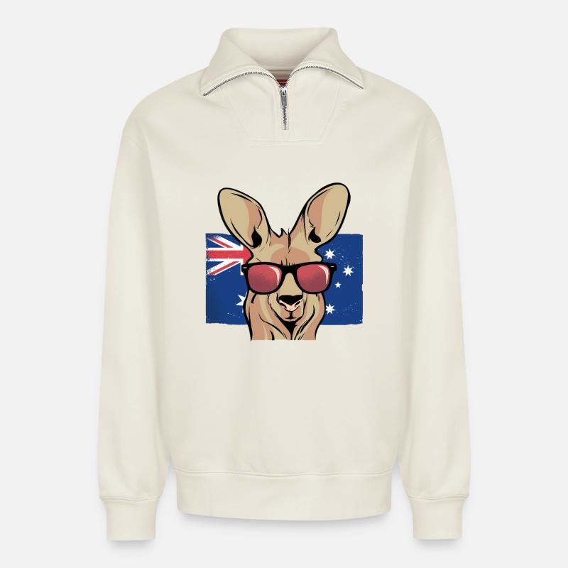Känguru mit Sonnenbrillen Aussie Flagge - Relaxed Unisex Organic Half Zip Sweatshirt – von SPREAD - Naturweiß