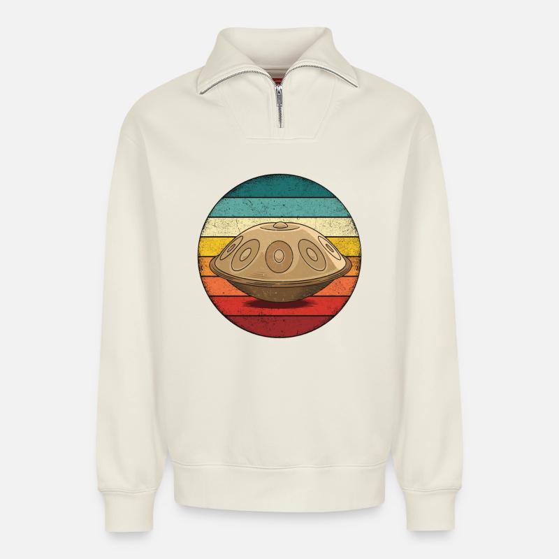 Retro Handpan Hang Drum - Relaxed Unisex Organic Half Zip Sweatshirt – von SPREAD - Naturweiß