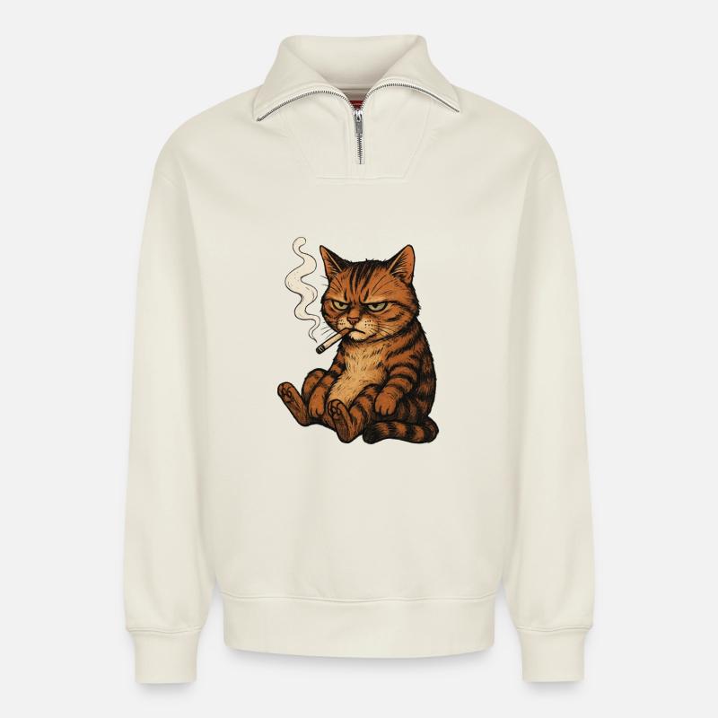 Smoking Cat - Relaxed Unisex Organic Half Zip Sweatshirt – von SPREAD - Naturweiß