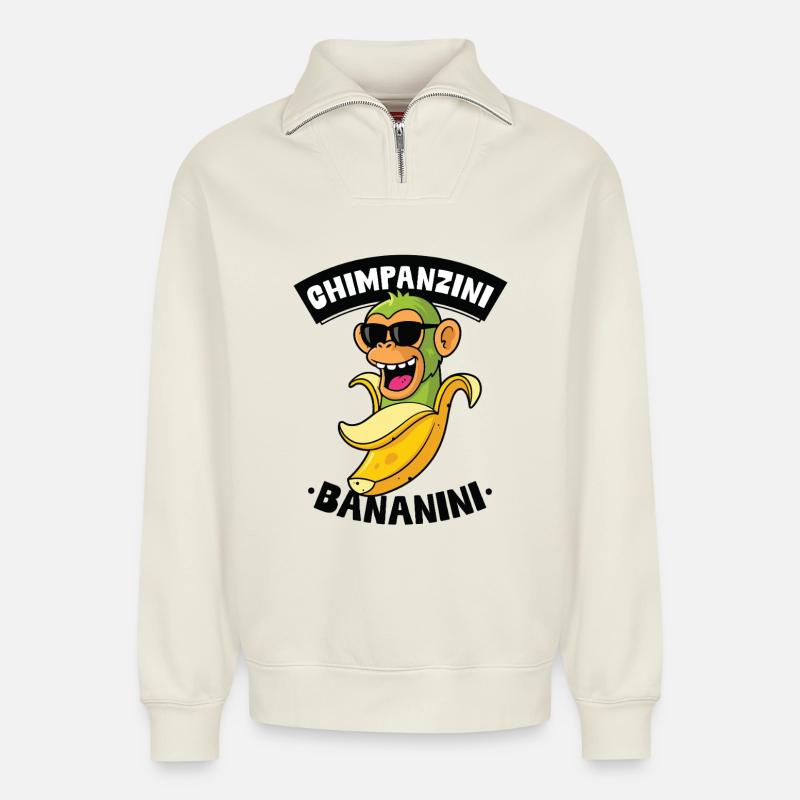 Schimpansen Bananini - Relaxed Unisex Organic Half Zip Sweatshirt – von SPREAD - Naturweiß