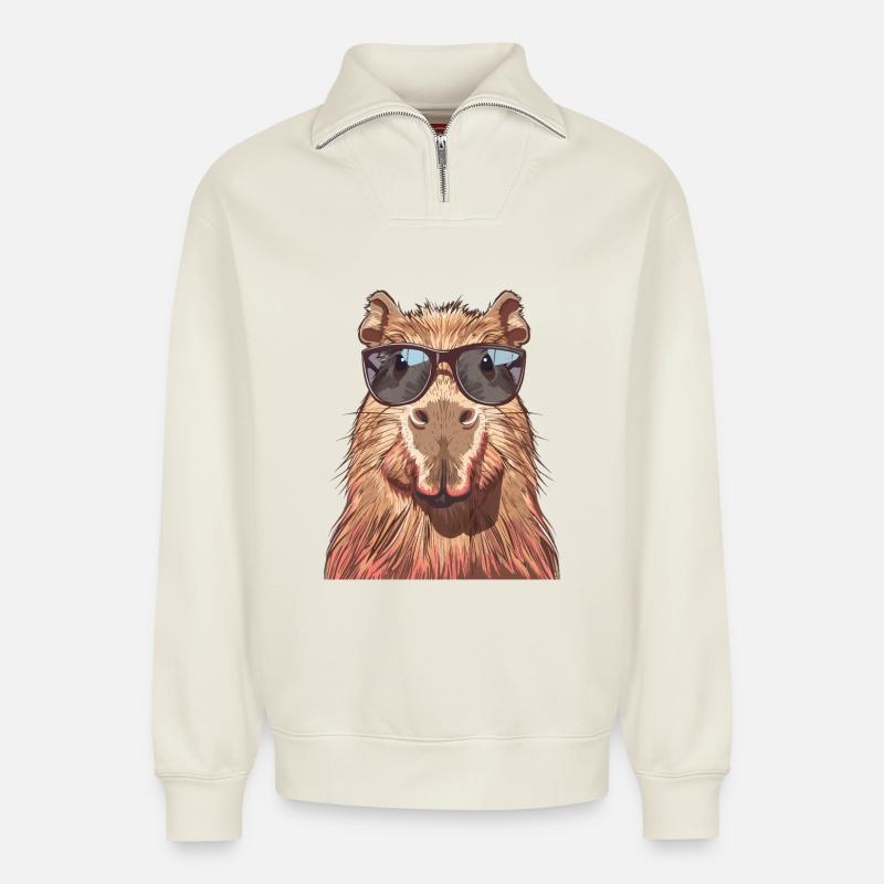 Cooles Capybara mit Sonnenbrille Fun - Relaxed Unisex Organic Half Zip Sweatshirt – von SPREAD - Naturweiß