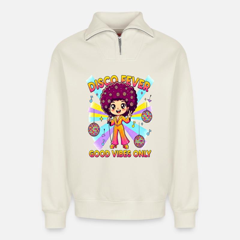 DISCO FEVER Cute Comic 70er - Relaxed Unisex Organic Half Zip Sweatshirt – von SPREAD - Naturweiß