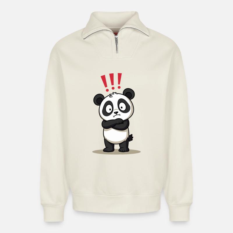 Skeptischer Panda mit Ausrufezeichen Humor - Relaxed Unisex Organic Half Zip Sweatshirt – von SPREAD - Naturweiß