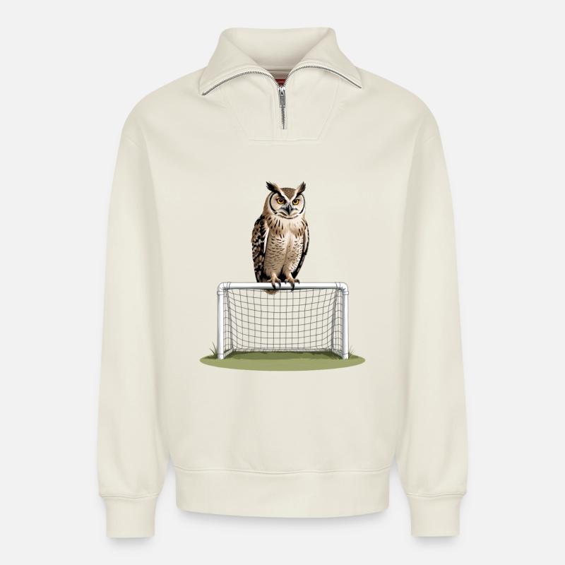 Eule auf Torrahmen – Nachtspiel - Relaxed Unisex Organic Half Zip Sweatshirt – von SPREAD - Naturweiß