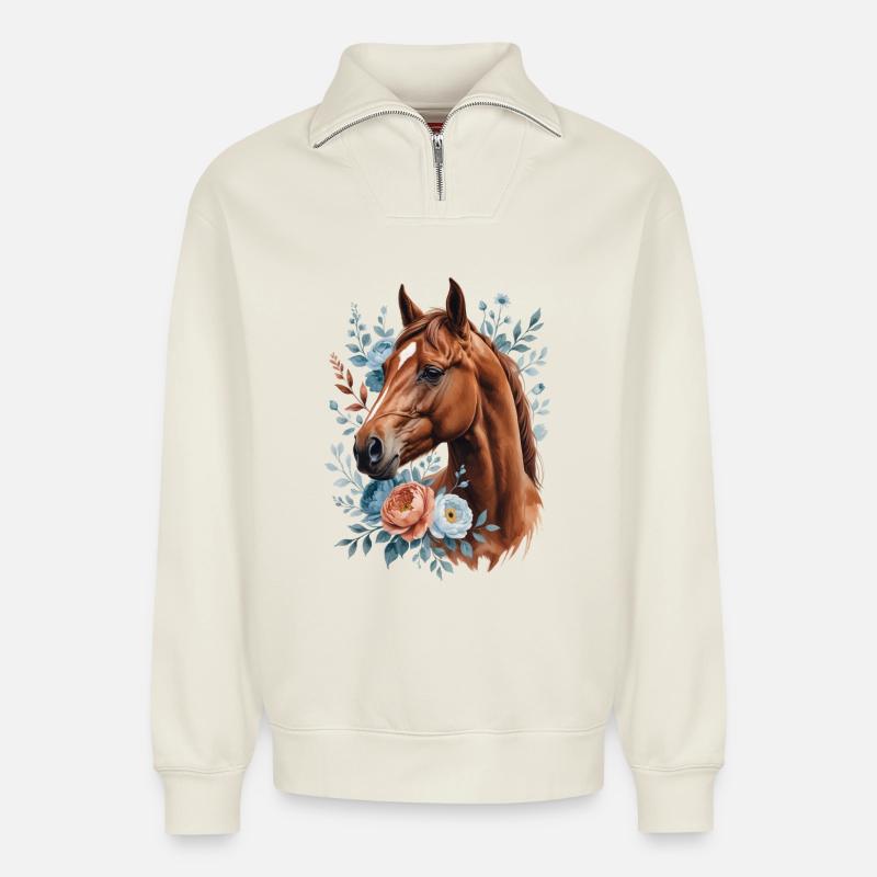 Pferd mit Blumenkranz - Relaxed Unisex Organic Half Zip Sweatshirt – von SPREAD - Naturweiß