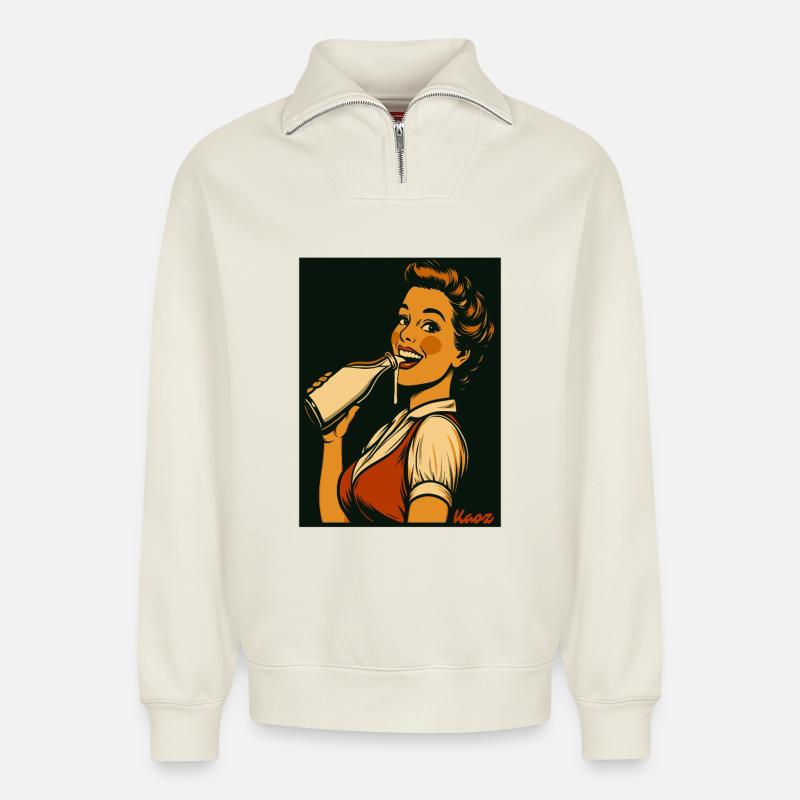 Retro Dame mit Milch Getränk - Relaxed Unisex Organic Half Zip Sweatshirt – von SPREAD - Naturweiß