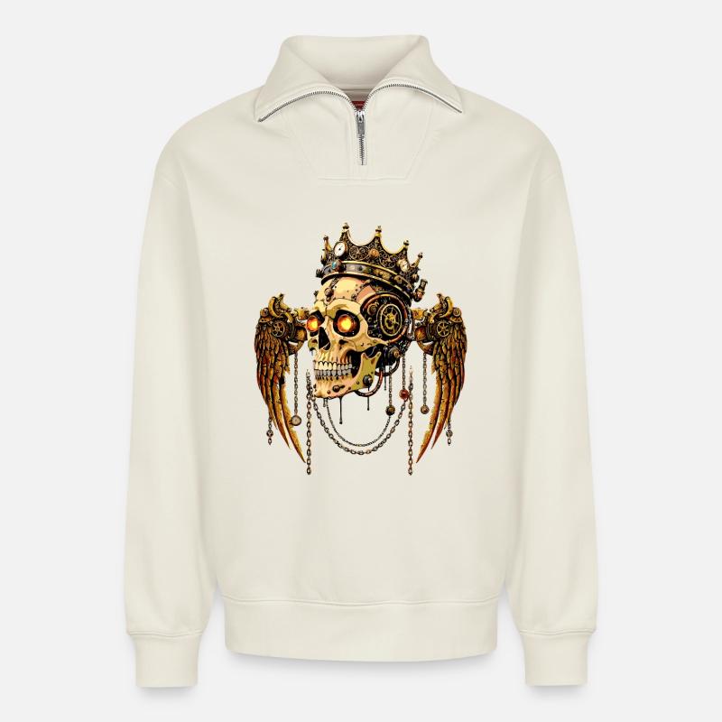STEAMPUNK SCHÄDEL KRONE - Relaxed Unisex Organic Half Zip Sweatshirt – von SPREAD - Naturweiß