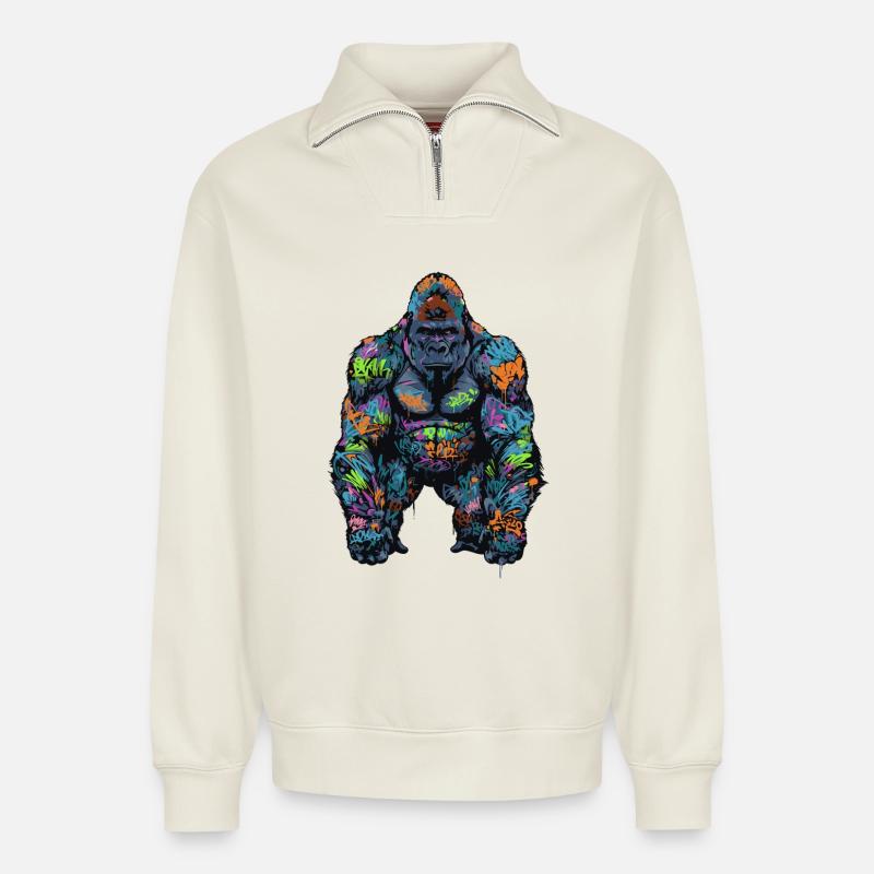 Graffiti Gorilla - Relaxed Unisex Organic Half Zip Sweatshirt – von SPREAD - Naturweiß