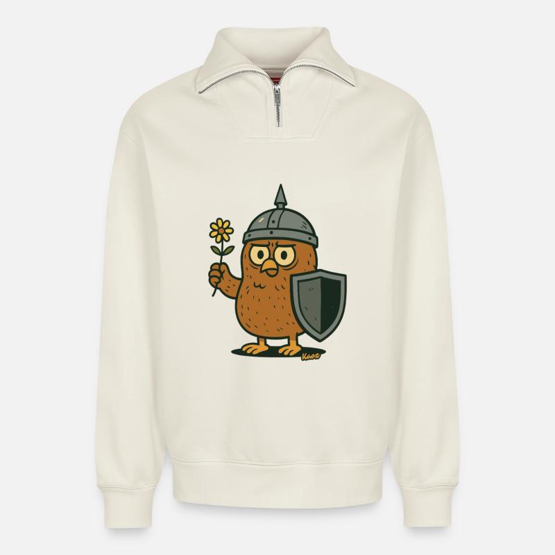 Rittereule mit Blume - Relaxed Unisex Organic Half Zip Sweatshirt – von SPREAD - Naturweiß