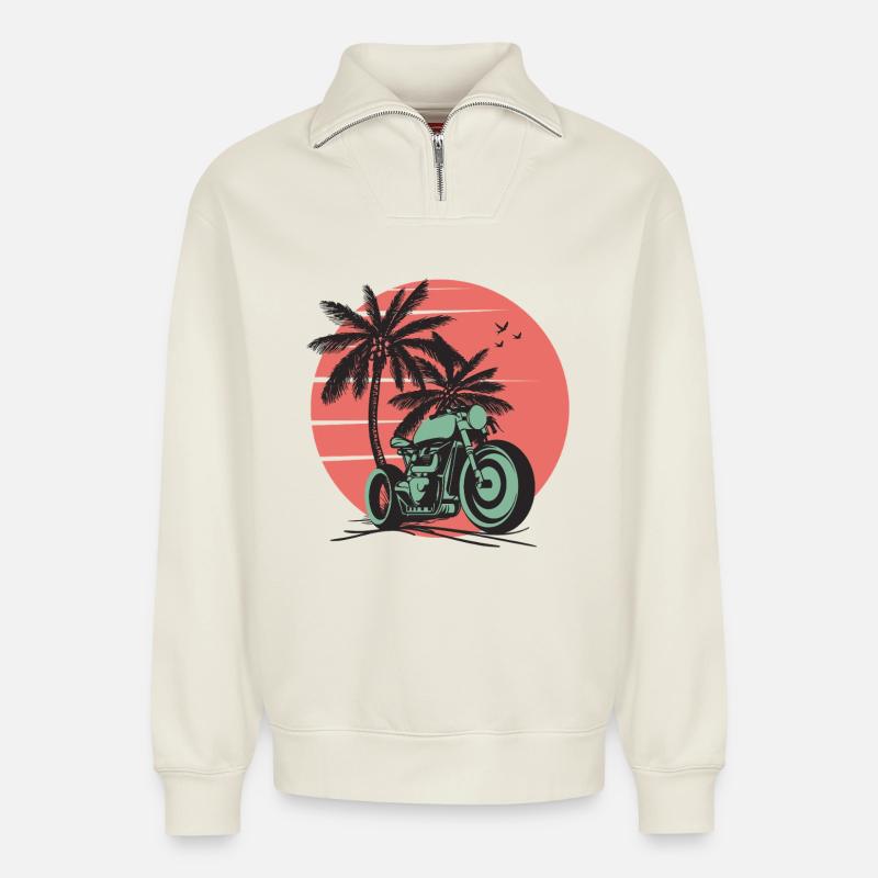 Retro Sunset Palm Motorradfahrt - Relaxed Unisex Organic Half Zip Sweatshirt – von SPREAD - Naturweiß