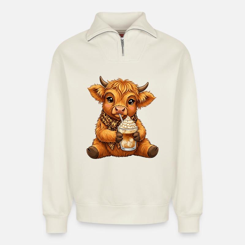 Highland Cow Eiskaffee - Relaxed Unisex Organic Half Zip Sweatshirt – von SPREAD - Naturweiß