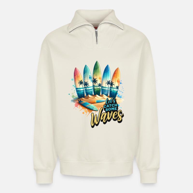 Let s Catch Some Waves - Relaxed Unisex Organic Half Zip Sweatshirt – von SPREAD - Naturweiß