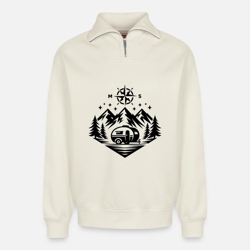 Camping Compass Mountains - Relaxed Unisex Organic Half Zip Sweatshirt – by SPREAD - off white