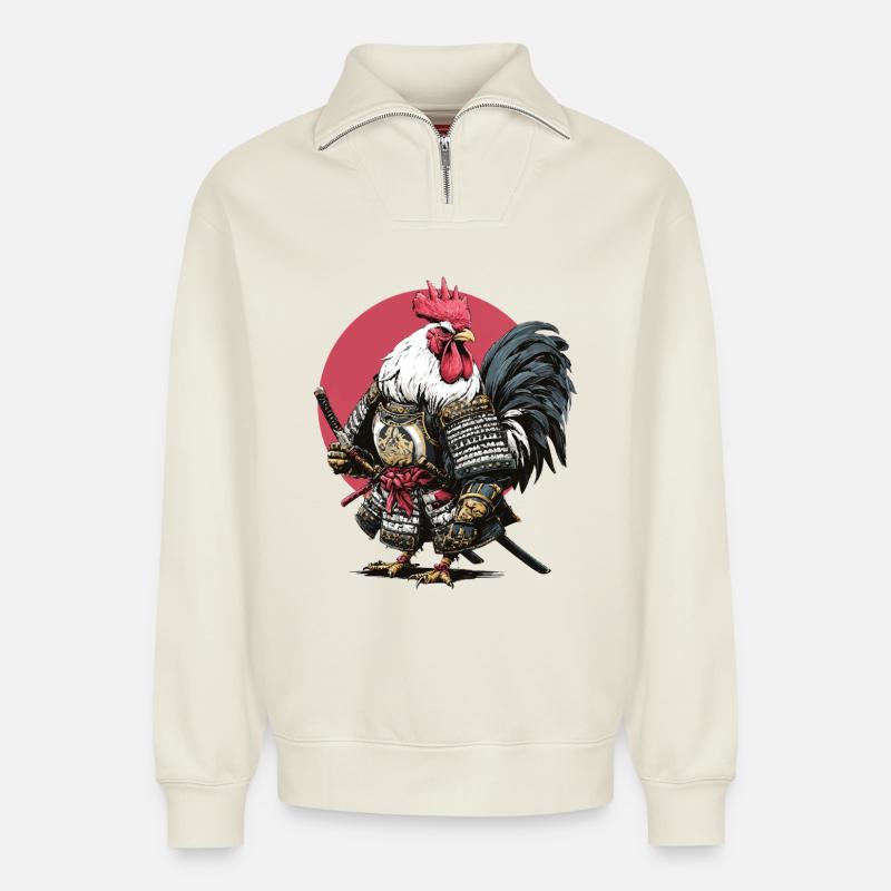 Hahn-Samurai-Rüstung - Relaxed Unisex Organic Half Zip Sweatshirt – von SPREAD - Naturweiß
