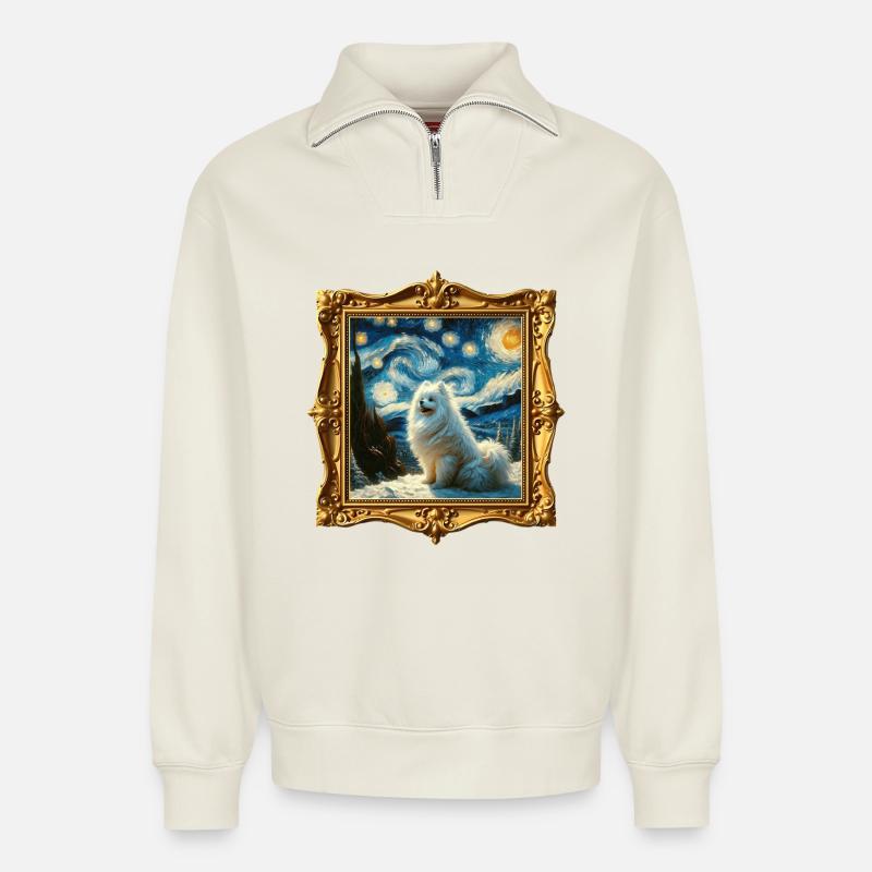 Spitz Pomeranian Starry Night - Relaxed Unisex Organic Half Zip Sweatshirt – by SPREAD - off white