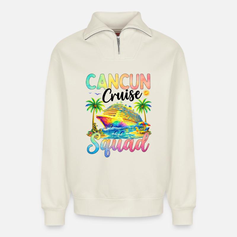 Cancun Cruise Squad - Relaxed Unisex Organic Half Zip Sweatshirt – von SPREAD - Naturweiß