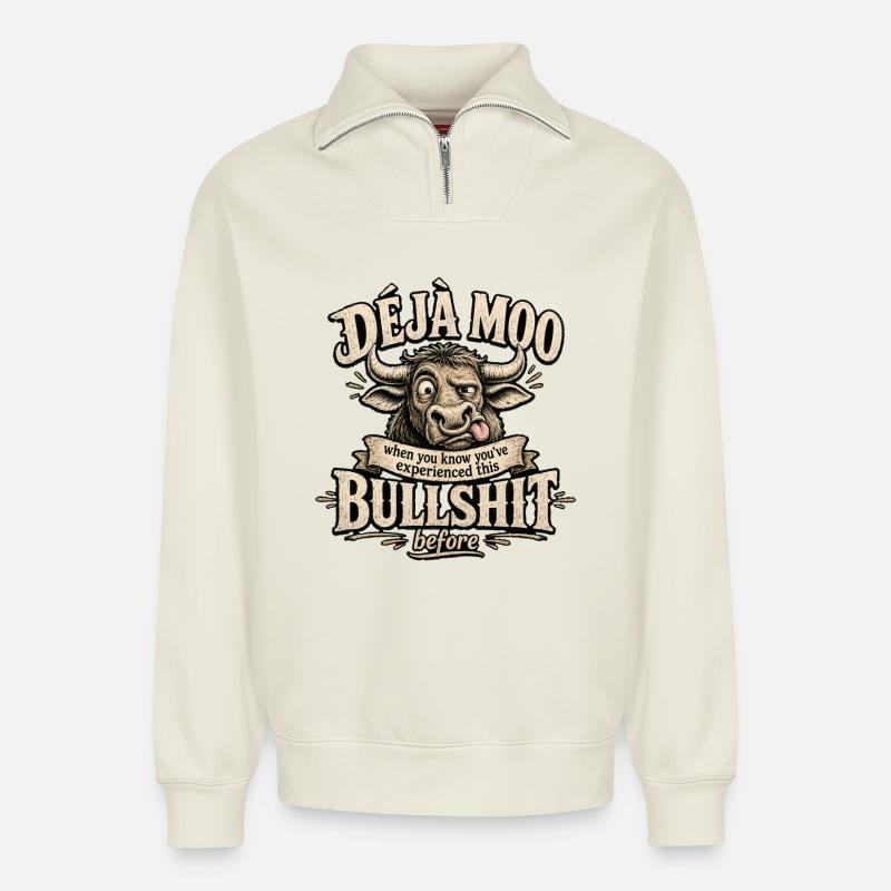 Déjà Moo Kuh Humor Spruch - Relaxed Unisex Organic Half Zip Sweatshirt – von SPREAD - Naturweiß