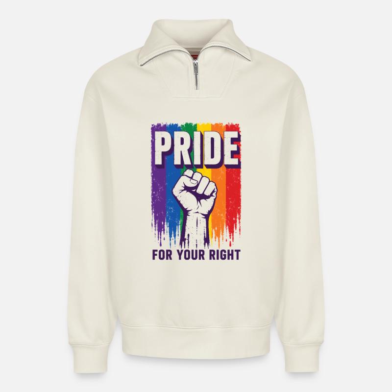 Pride Regenbogen Rechte Statement Shirt - Relaxed Unisex Organic Half Zip Sweatshirt – von SPREAD - Naturweiß