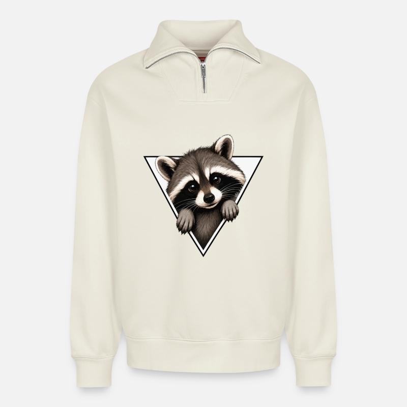 Raccoon in a triangle - Relaxed Unisex Organic Half Zip Sweatshirt – by SPREAD - off white