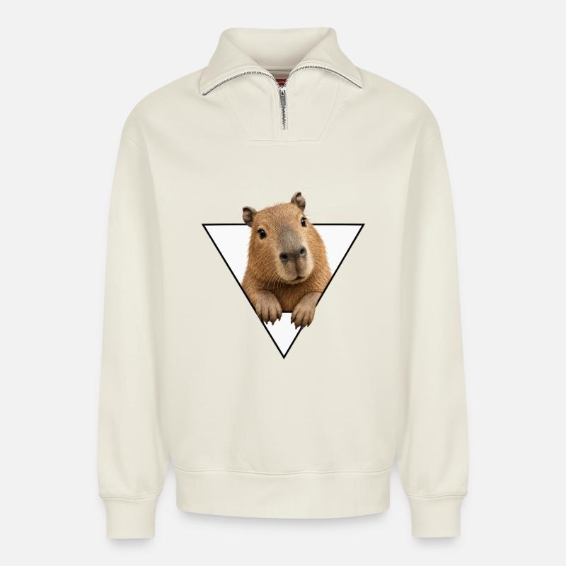 Kapybara in the Triangle - Relaxed Unisex Organic Half Zip Sweatshirt – by SPREAD - off white