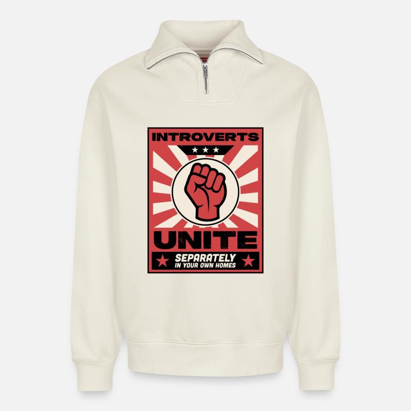 Introverts unite - Relaxed Unisex Organic Half Zip Sweatshirt – by SPREAD - off white