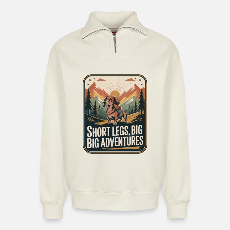 Wander Dachshund - Relaxed Unisex Organic Half Zip Sweatshirt – by SPREAD - off white