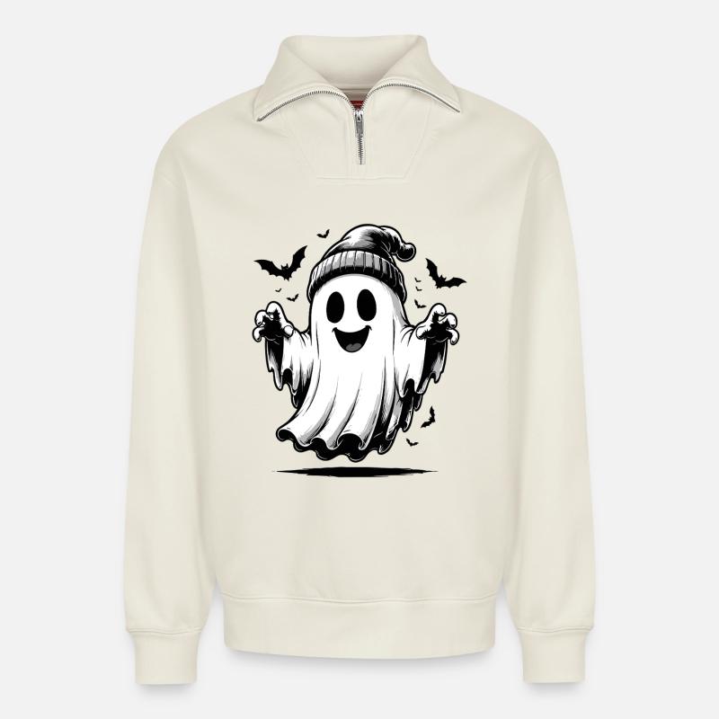 Geist mit Strickmütze - Relaxed Unisex Organic Half Zip Sweatshirt – von SPREAD - Naturweiß