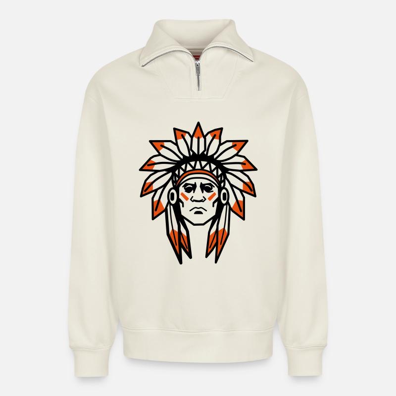 Native Americans Apache Native Chief - Relaxed Unisex Organic Half Zip Sweatshirt – by SPREAD - off white