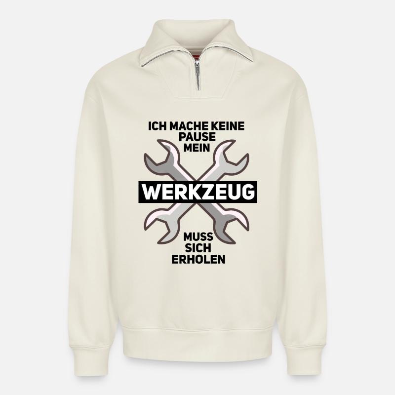 Nothing works without tools - Relaxed Unisex Organic Half Zip Sweatshirt – by SPREAD - off white