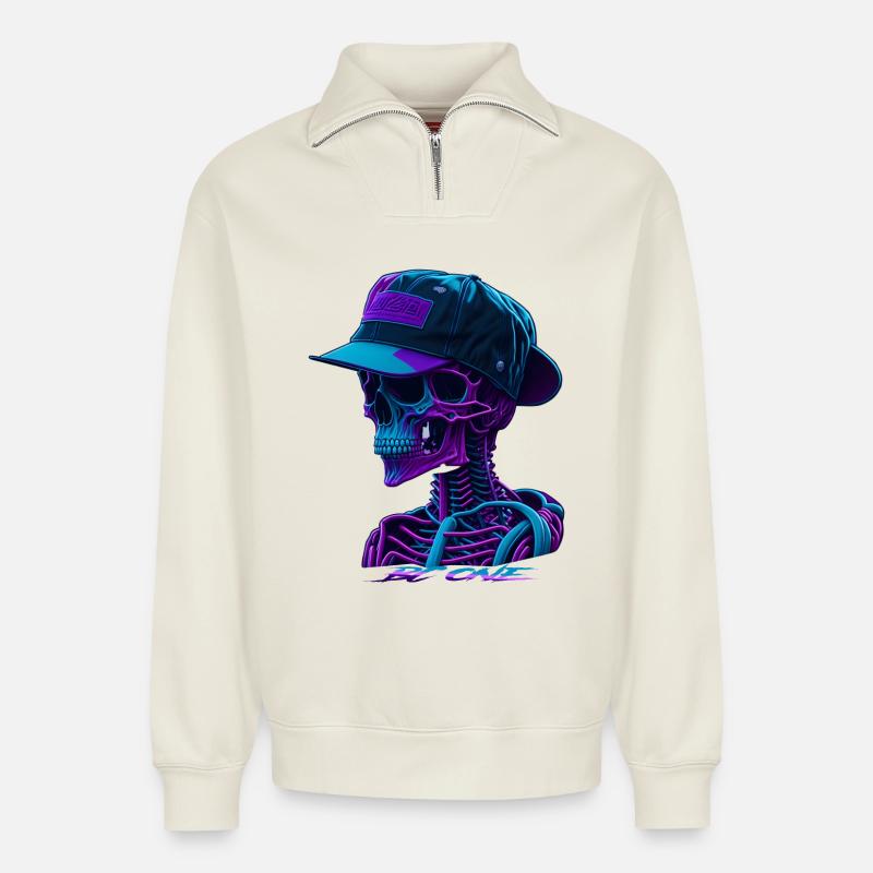 Skelett mit Kappe - Relaxed Unisex Organic Half Zip Sweatshirt – von SPREAD - Naturweiß