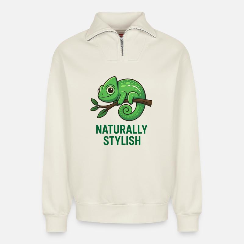 Stylish Chameleon - Relaxed Unisex Organic Half Zip Sweatshirt – by SPREAD - off white
