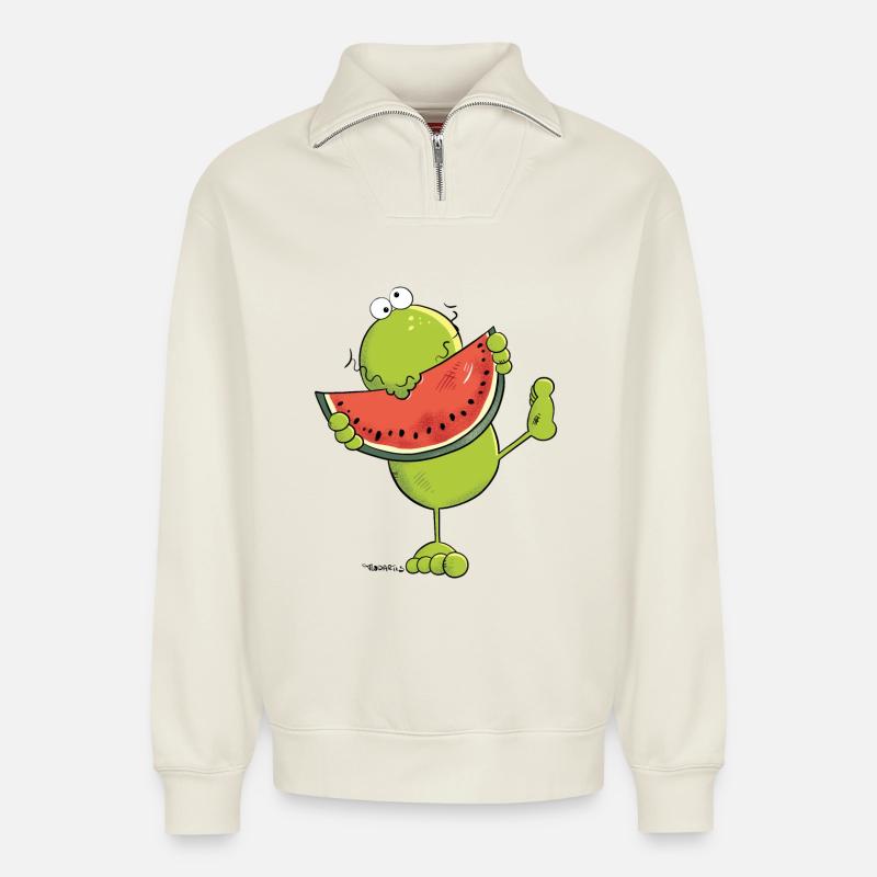 Frosch mit Melone - Relaxed Unisex Organic Half Zip Sweatshirt – von SPREAD - Naturweiß