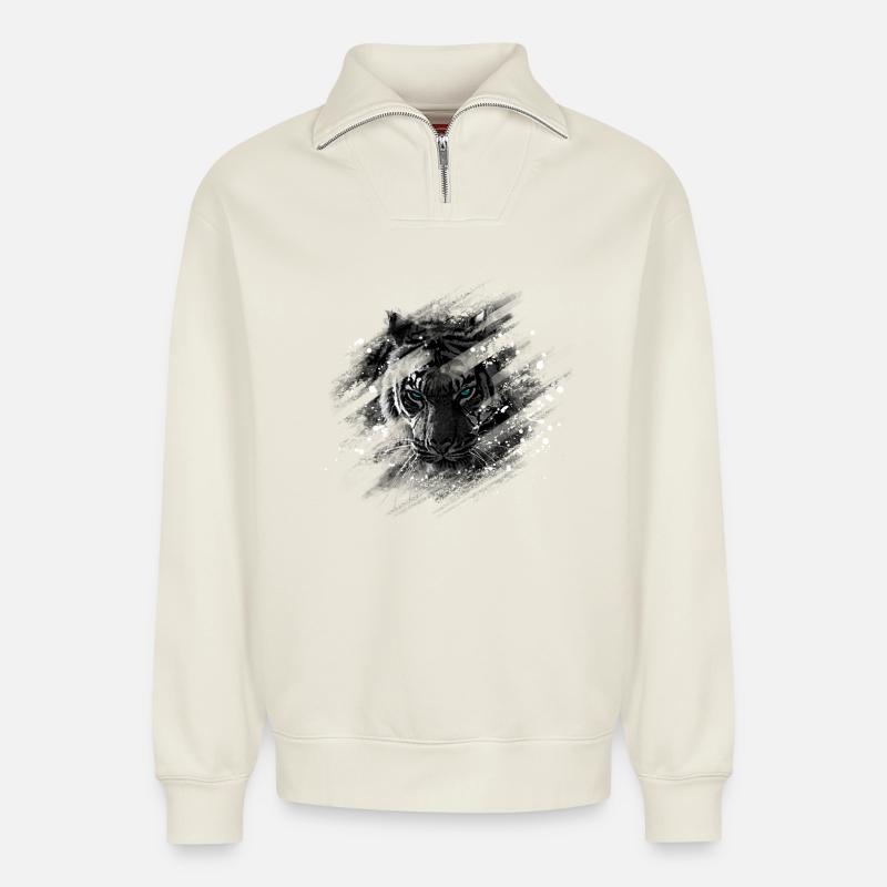 Blauäugiger Tiger - Relaxed Unisex Organic Half Zip Sweatshirt – von SPREAD - Naturweiß