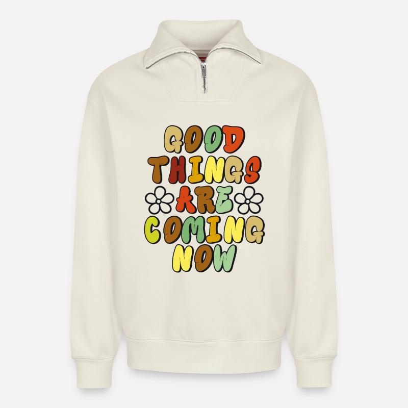Good Things - Optimistisches Retro-Design - Relaxed Unisex Organic Half Zip Sweatshirt – von SPREAD - Naturweiß