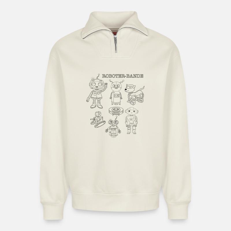 Plus de robots, plus de plaisir - Sweat unisexe décontracté en coton biologique à demi-zip – de SPREAD - blanc cassé