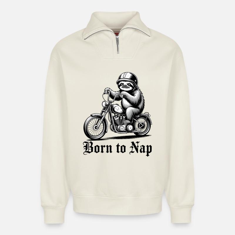 Faultierfahrer auf dem Motorrad - Relaxed Unisex Organic Half Zip Sweatshirt – von SPREAD - Naturweiß