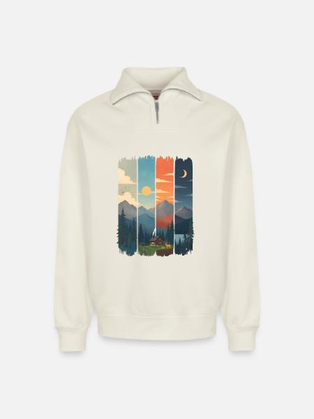 Horizons in four mountain panels - Relaxed Unisex Organic Half Zip Sweatshirt – by SPREAD - off white